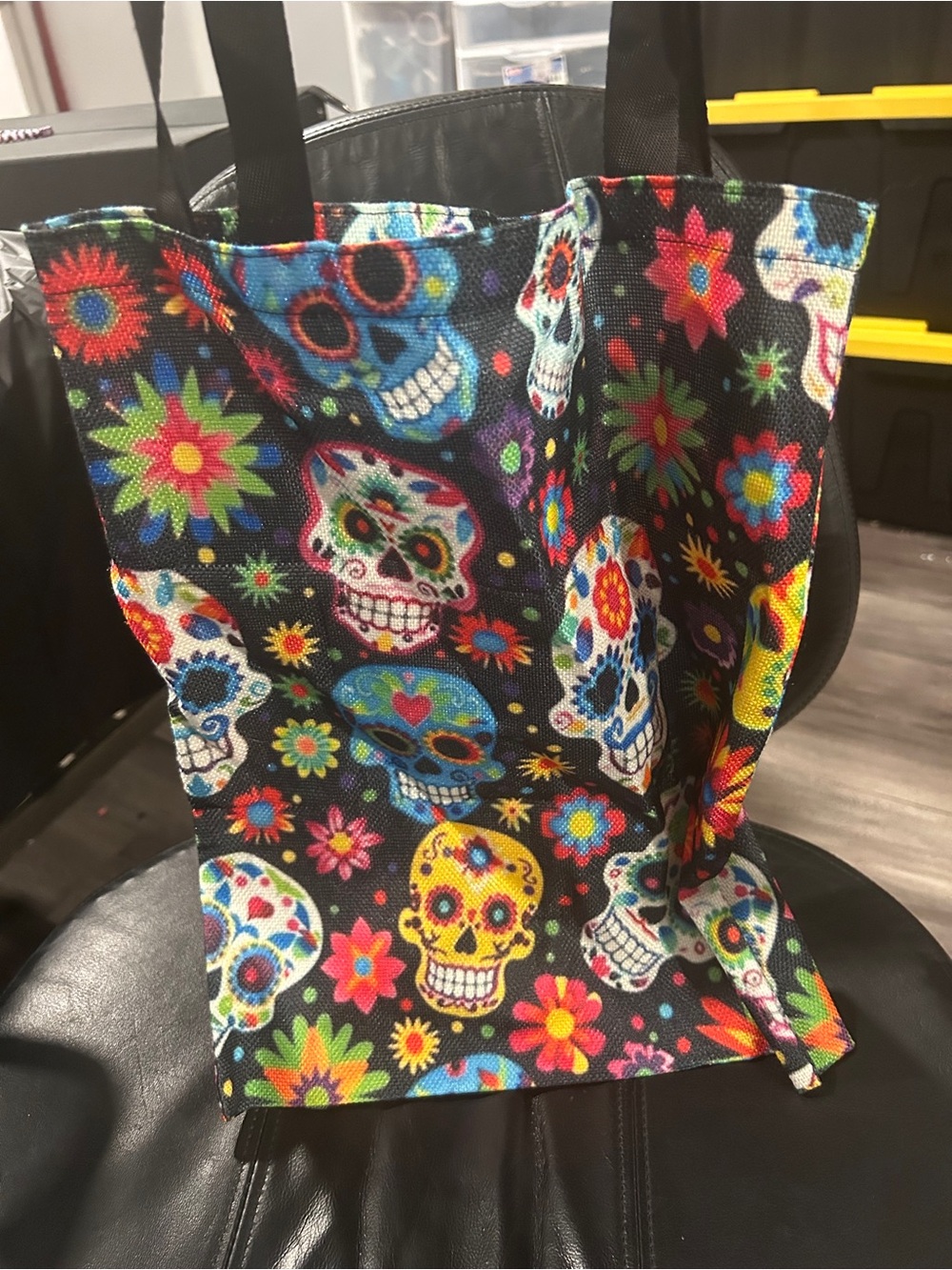 Sugar Skull Multicolor Tote Bag - Black Background